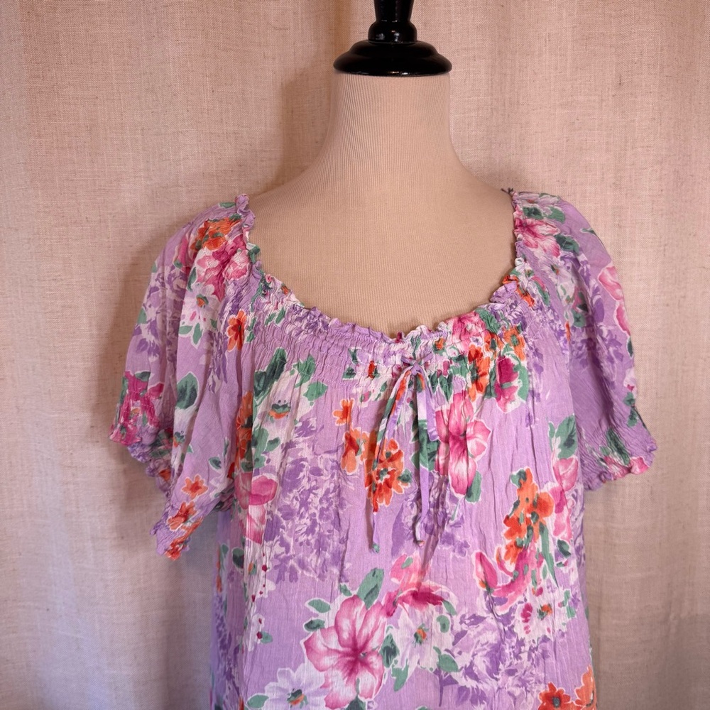 Women's Top Violet Floral Boho Peasant Flowy Blouse Smocked Neckline 1X